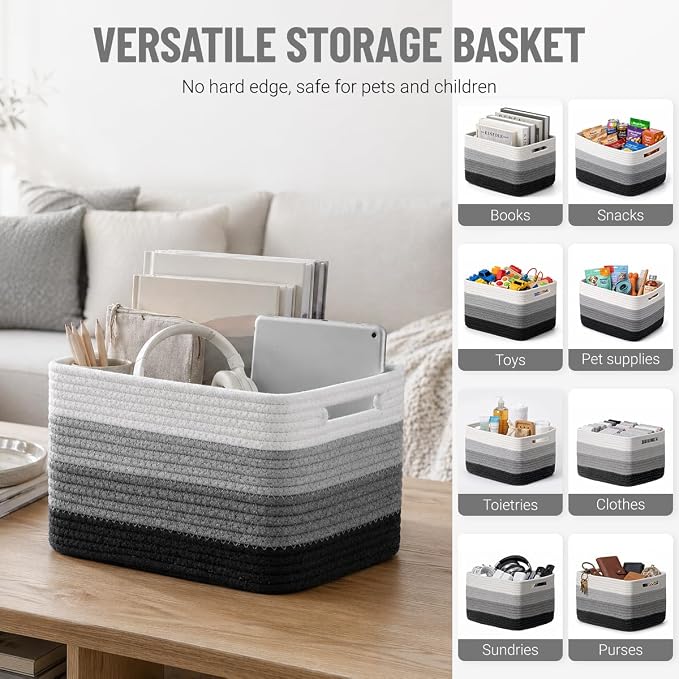 5 Pack Woven Storage Baskets, Decorative Storage Bins for Organizing | 13.8'' × 9.8'' × 7.9'', Cotton Rope Basket Organizer for Closet, Shelves, bathroom, Toys, Books, Pantry, Black/White Ombre - Image 5