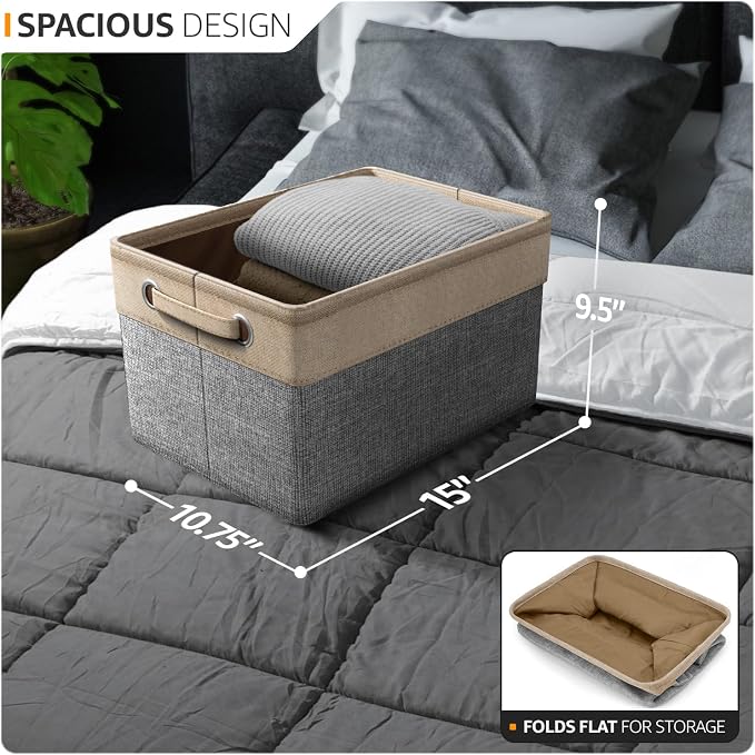Sorbus Premium Fabric Storage Cubes 15 Inch- Big Sturdy Collapsible Storage Bins with Dual Handle- Foldable Baskets for Organizing- Decorative Cube Storage Bins for Home & Office Use- 3 Pack| Grey/Tan - Image 2
