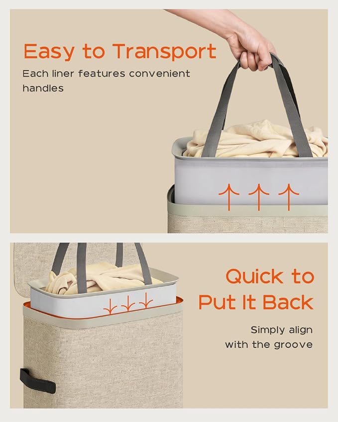 CASAMAYA Laundry Basket with Lid, Slim Laundry Hamper, 65L collapsible Laundry Organizer, Easy Assembly, with Handles and Removable Liners, 15.4 x 8.7 x 29.5 Inches, Beige JSP901M - Image 4