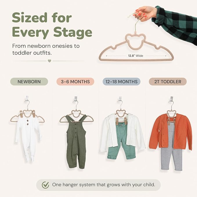 Velvet Baby Hangers with Clips & Size Dividers, 50 Pack | Organize baby clothes from newborn to 2T with 8 size dividers and 20 clips for outfits, pants, and growing wardrobes - Image 2