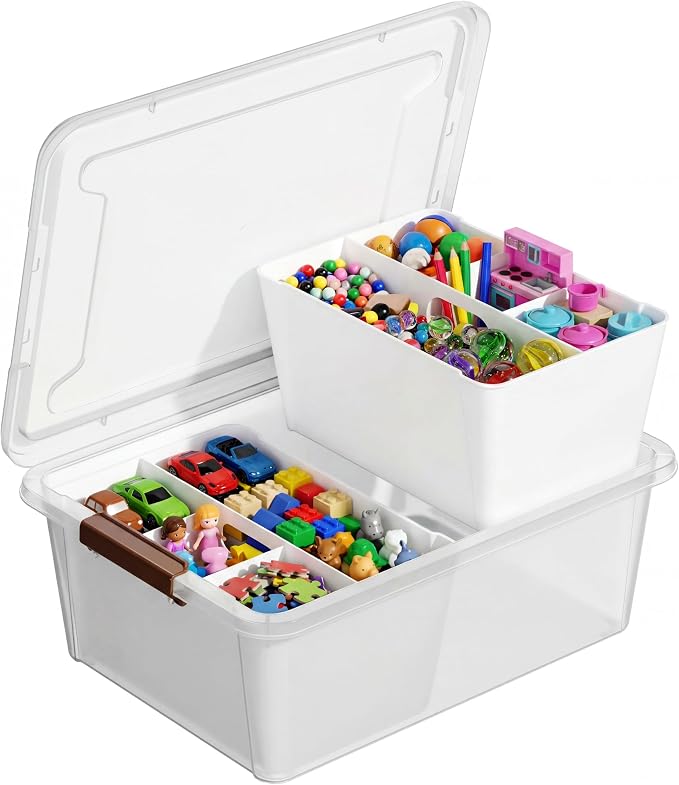 MACOPRO 17QT Craft Storage Box with 2 Removable Caddy Trays, Clear Stackable Plastic Organizer with Lid for Art Supplies, Beads, Sewing Tools, Pens & Kids Toys (White, 1Pack-2-in-1) by MACOPRO