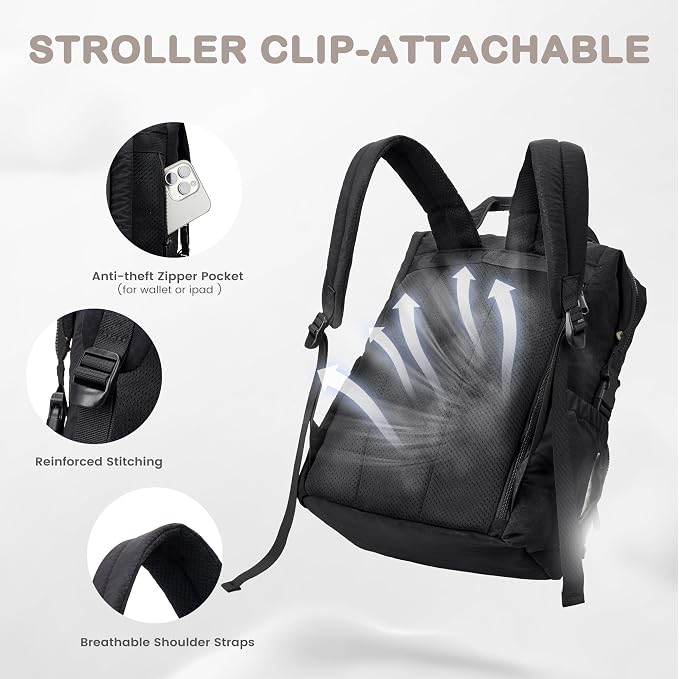 VONAL Diaper Bag Backpack, Lightweight Baby Diaper Bags, Travel Large Diaper Bag with Changing Station, Black Diaper Backpack for Boys Girls Newborn with Insulated Pockets, Stroller Straps - Image 6