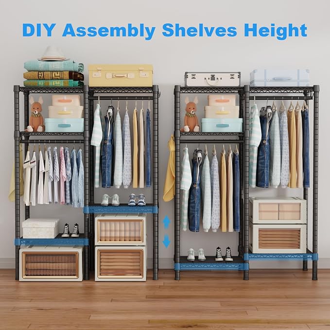 F1 Garment Rack for Kids, Baby, Students, and Children's Room, 4 Tiers Freestanding and Portable Heavy Duty Closets, Small Metal Clothes Rack with 2 Hanging Rod, 31.2" W x 11.8" D x 48" H, Black | Small Clothing Racks with 2 Hanger Rods for Hanging Bab... - Image 4