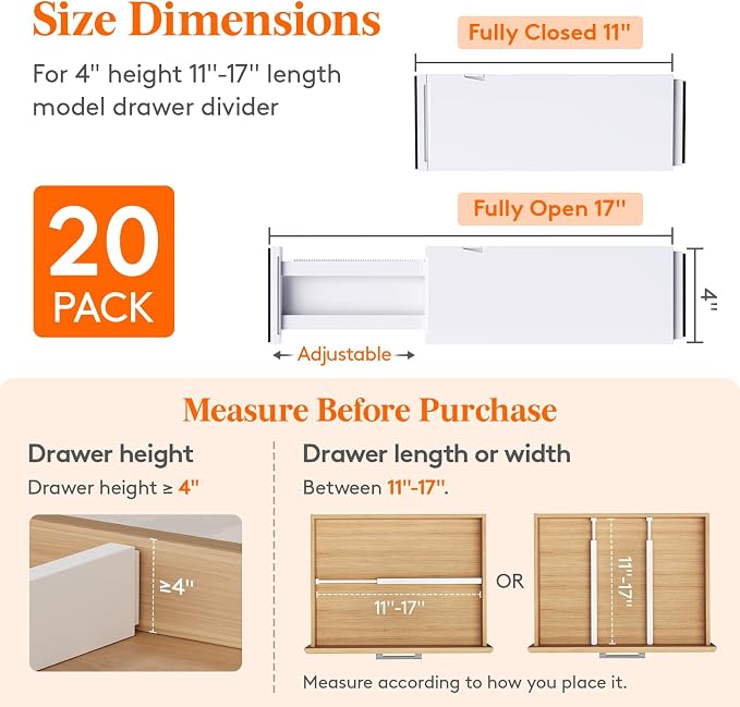 Lifewit 4" High Upgrade Drawer Divider, Adjustable Drawer Organizer Clothes | 20 Pack 11-17" Expandable White Plastic Drawer Separator for Dresser, Kitchen, Closet, Nursery, Office Organization & Storage - Image 2