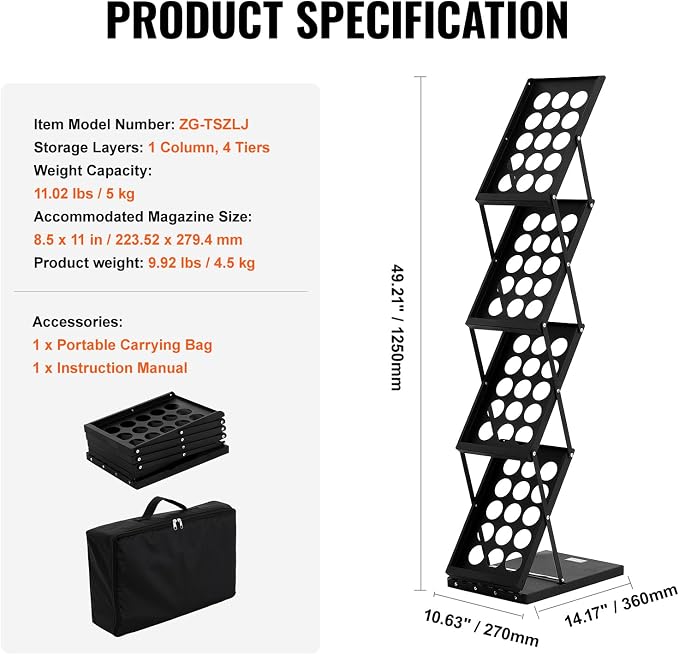VEVOR Foldable Magazine Display Rack, 4-Tier Brochure Literature Display Stand, Portable Catalog Brochure Holder Stand with Carrying Bag for Office Trade Show Exhibitions, 4 Pockets - Image 8