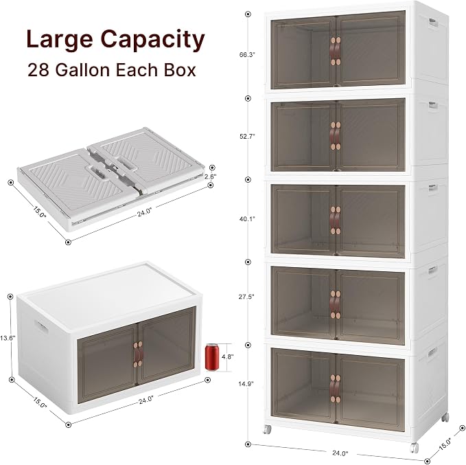 Stackable Storage Bins with Lids, 550QT Lockable Storage Cabinet | Closet Organizers, Foldable Storage Box with Doors and Wheels, Plastic Drawers for Home, Garage, Office (5, White, Plus) - Image 7