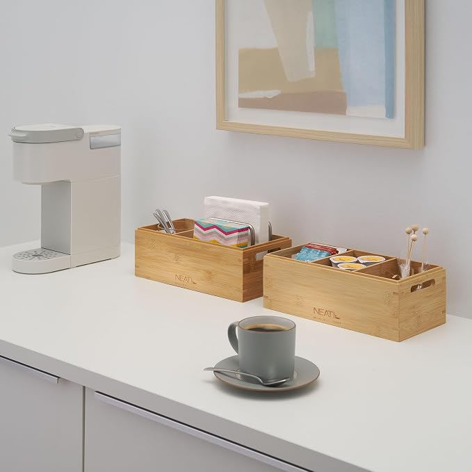 Set of 2 Stackable Bamboo Wood Boxes with Handles, Storage Bins for Shelving, Countertop, Kitchen, Pantry, Office & Desk, Crafts, Snack & Tea Bag Organization, 12"x6" - Image 3