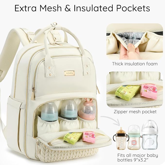 AIJIEKE Diaper Bag Backpack, Large Multi-functional Diaper Backpack, Beige | Waterproof lightweight baby backpack. With changing pad, stroller straps, insulated & wet/dry pockets. Mom & dad essential - Image 5