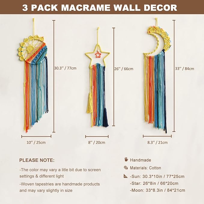 Artilady Macrame Wall Hanging Tapestry, 3 Pakc Boho Sun Dream Catcher Decor | Large Wall Tapestry, Handmade Woven, Farmhouse Rustic, Colorful Sunrise Wall Art, Bedroom Living Room Apartment Home Decor - Image 4