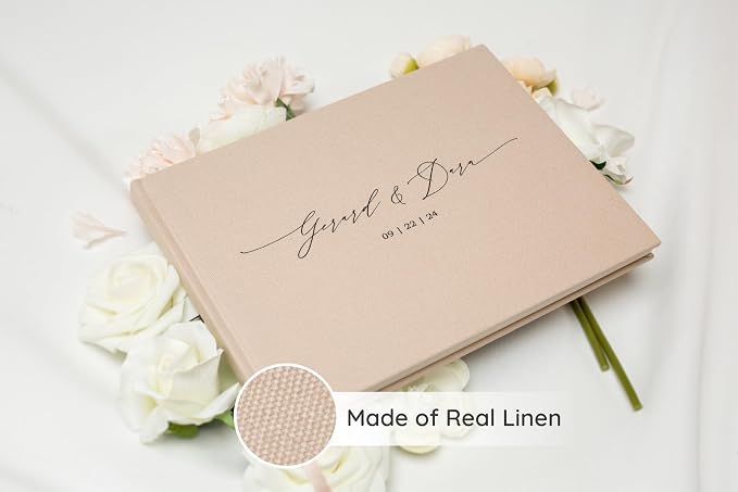 Personalized Linen Guest Book (Design 1) - 9 x 7.5 Hardcover Custom Wedding Guestbook Bride and Groom Name with Date, Reception Ceremony Engagement Party Keepsake Signing Book with 120 Blank Pages - Image 3