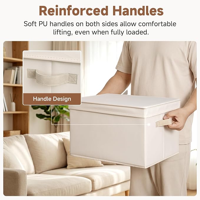 StorageWorks Fabric Storage Bins with Lids, Closet Storage Bins | Lidded Dust-proof, Easy Pull Handles, Foldable, Stackable, Ideal for Clothes Blanket Towel, Jumbo, Cream White, 3-Pack - Image 7