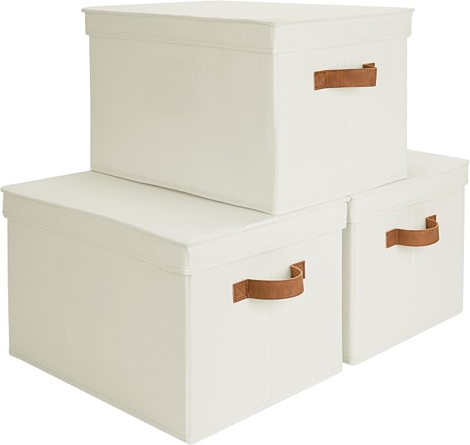 StorageWorks Fabric Storage Bins with Lids, Closet Storage Bins | Lidded Dust-proof, Easy Pull Handles, Foldable, Stackable, Ideal for Clothes Blanket Towel, Jumbo, Ivory, 3-Pack by StorageWorks