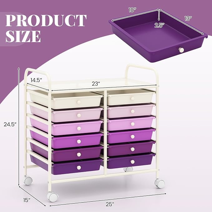 RELAX4LIFE 12-Drawer Rolling Storage Cart - Mobile Utility Cart on Wheels for School Classroom Teacher Office Salon, Paper File Art Supply Craft Organizer, Rolling Cart with Drawers (Gradient Purple) - Image 3