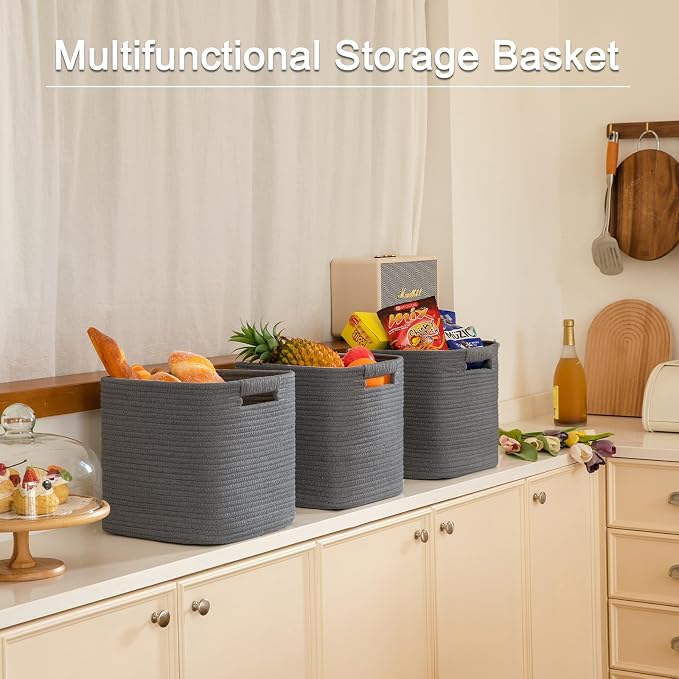 OIAHOMY Storage Cubes 11 Inch Storage Bins-3 Pack, Cotton Rope Woven Baskets for Organizing, Square Baskets for Shelves Organizer, Classroom, Toy Basket, DarK Grey - Image 6