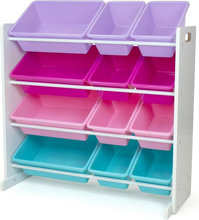 Humble Crew Kids Toy Organizer with 12 Bins, 4 Tier Storage for Playroom | Sturdy wood and steel toddler shelf, removable BPA-free containers, wall anchor anti-tip safety kit for bedroom or classroom by HumbleCrew