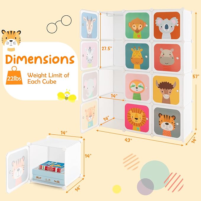 HONEY JOY Kids Wardrobe Closet, Baby Cartoon Clothes Storage Organizer, 12 Cubes & 2 Hanging Sections, Portable Children DIY Modular Bedroom Armoire Dresser Cabinet for Boys Girls (White) - Image 7