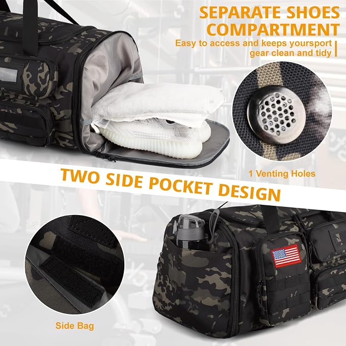 Expandable Gym Bag for Men,Tactical Large 3-in-1 Travel Duffle Backpack Bag | Water-Resistant Sports Bag With Shoes Compartment,Multi-Functional Travel Duffel Bag For Weekend, Overnight, Workout,Camping - Image 5
