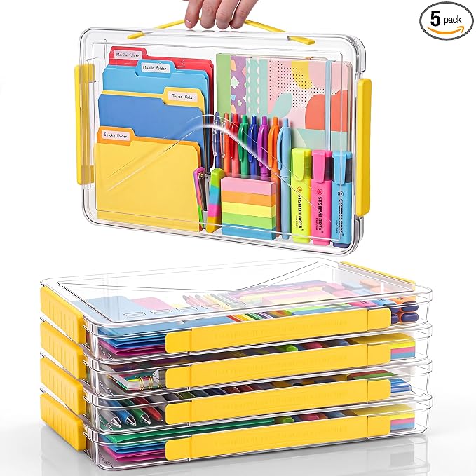 5 Pcs Clear File Storage Box Portable Paper Case with Lid Handle,Yellow by Unknown