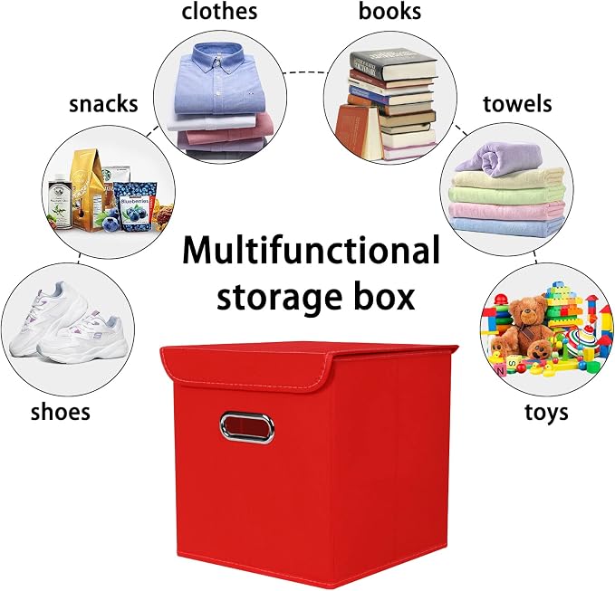 Closet Organizers Fabric Storage Bins With Lids Collapsible Cube Storage Organizer Basket With Handles,Storage Boxes for Clothes Storage,Office,Laundry,Shelves,6 Pack,（Red） - Image 3