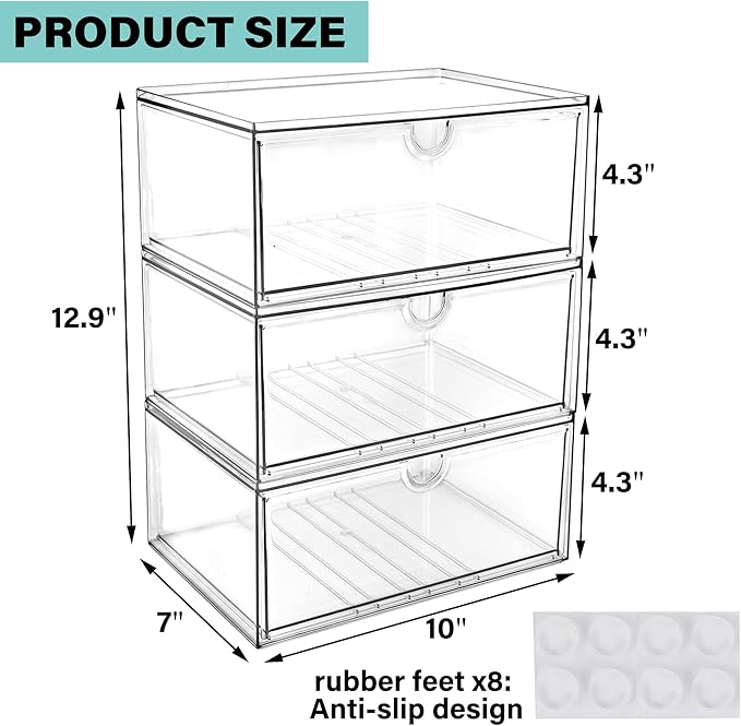 Prsildan Acrylic Makeup Organizer, 3 Pack Stackable Clear Storage Drawers for Baby Bottles Desk Organizers with 3 Drawers for Countertop Vanity Nursery Modular System for Cosmetics Jewelry - Image 3