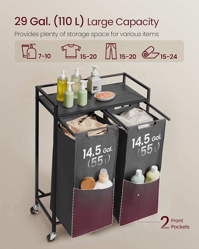 VASAGLE Laundry Sorter, 29 Gal. (110 L) Laundry Hamper Basket with 2 Compartments, Rolling Cart with Wheels, Shelf, Removable Bags, Pockets, Slate Gray and Charcoal Gray UBLH021G01 - Image 3