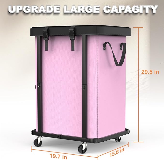 Laundry Basket with Wheels,150L (40 Gal) Rolling Hamper Carts - Pink | Leather Patchwork Laundry Hamper,Sturdy Metal Frame, Removable Washable Bag, Tall Clothes Sorter for Bedroom, Laundry Room - Image 6