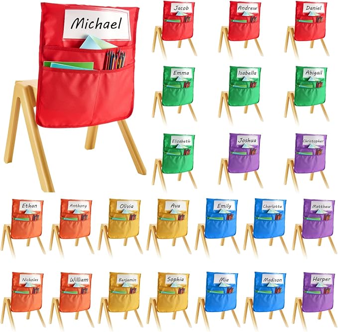 VEVOR Chair Pockets for Classroom, 24 Pack, 14 x 15 Inches Chairback Buddy Pocket with Name Tag, 6 Bright Colors, Back of Chair Organizer for Kids in Classroom, Kindergarten, School, and Home by VEVOR
