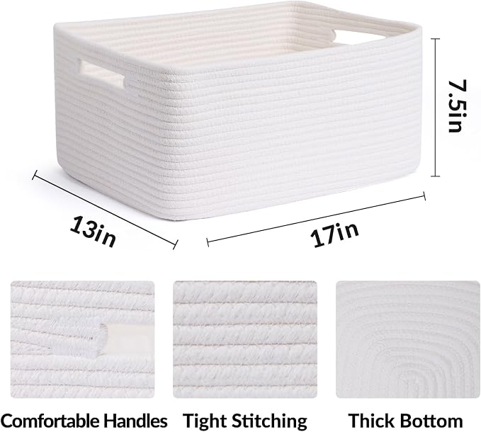 MiniArk Large Storage Baskets for Shelves, 17 x 13 x 7.5” Closet Organizers Bins for Clothes Blanket Towels, Baby Nursery, Toy Baskets Box, Woven Rope Baskets, 3 Packs Off White - Image 2