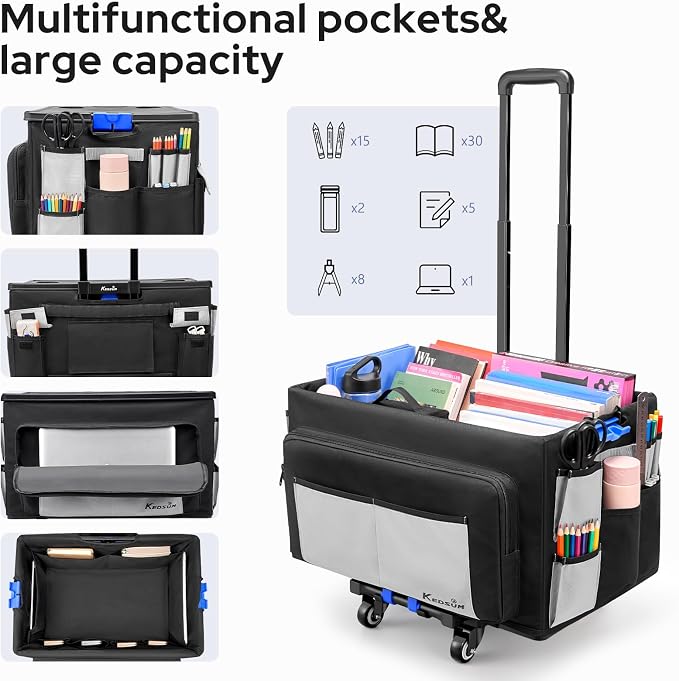 KEDSUM 2 in 1 Rolling Cart with Canvas Organizer Bag, 290LBS/70L Capacity Collapsible Teacher Rolling Cart with Lid for School, Craft, Office & Garden, Ideal for Teacher, Therapist & Crafter - Image 4