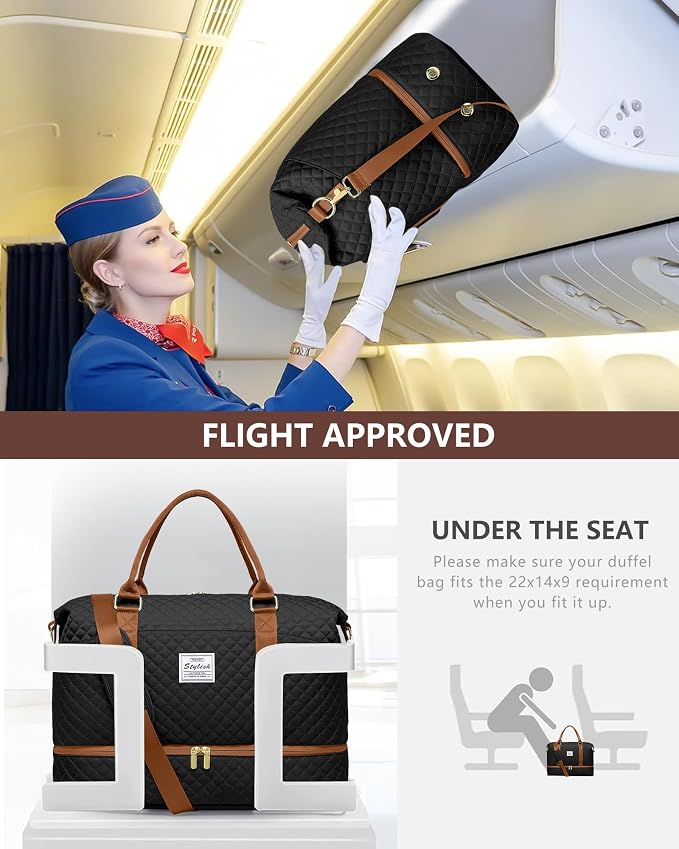 Travel Weekender Bags for Women Duffle - Carry on Overnight Bag with Shoe Compartment & Toiletry Gym Duffel Bags with Wet Pocket Hospital for Labor and Delivery Black Brown - Image 6