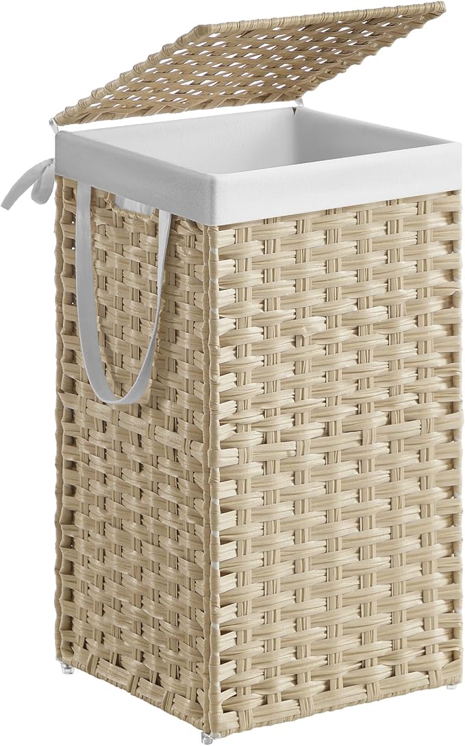 SONGMICS Laundry Hamper with Lid, 17.2 Gallon (65L) Synthetic Rattan Clothes Laundry Basket with Lid and Handles, Foldable, Removable Liner, Summer Sand ULCB165LZ01 by Unknown