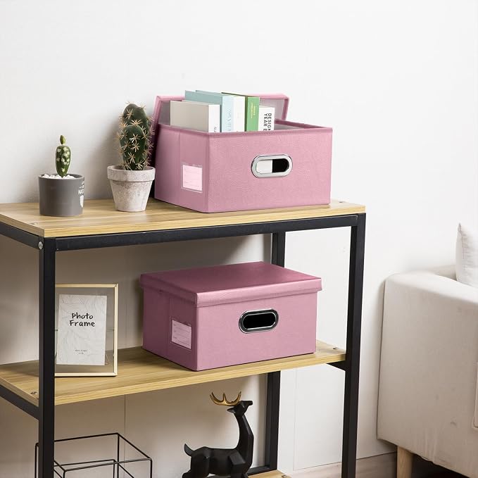 Collapsible Storage Box with Lid [3-Pack] Leather Fabric Foldable Storage Bin Organizer Container Basket Cube with Cover for Home Bedroom Closet Office Nursery Pink(13.6x9.6x6.9) - Image 2
