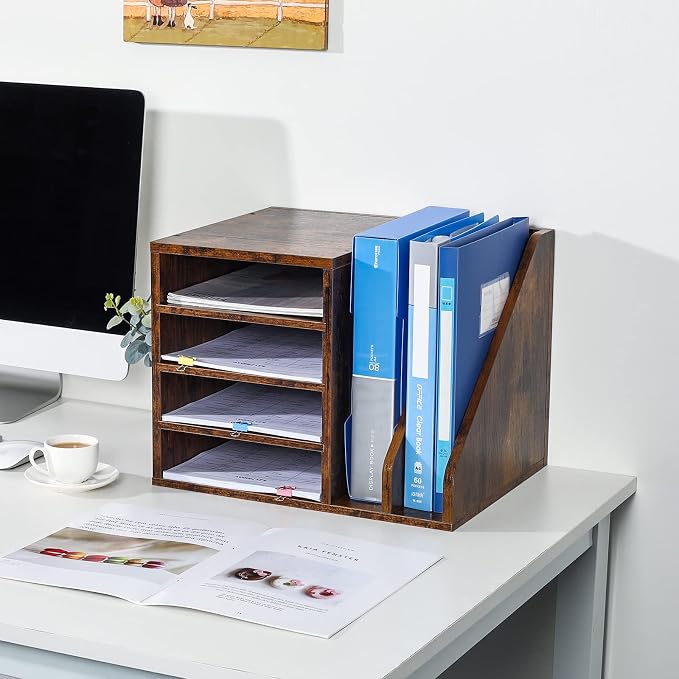 Wood Desktop File Holder Organizer Mail Sorter for File Folders, Mails, Envelopes, Mailing Supplies or Magazines, Brown - Image 6