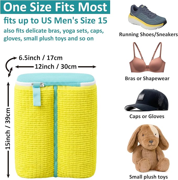 Shoe Washing Machine Bag for Sneaker Cleaning Laundry Shoe Bag, Yellow | Dual Compartment, Full Protection, Clasp-Lock Zipper, Dense Chenille, Bound Edge & Seams - Image 3