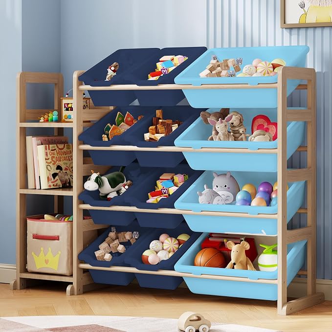 Toy Storage Organizer - Toy Organizers and Storage with Bookshelf, Toy Storage Shelf with 3 Shelves and 12 Storage Bins, Kids Bookshelf and Toy Storage for Kids Room, Playroom, Bedroom, Nursery, Blue by EXPERLAM