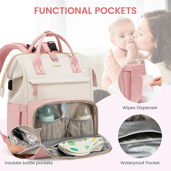 LOVEVOOK Diaper Bag Backpack, Baby Bag with Changing Station, Large Diaper Backpack for Moms Dads, Waterproof Leather Accents Baby Boy and Girl Bag for Travel Baby Essentials, Pink-Beige - Image 3