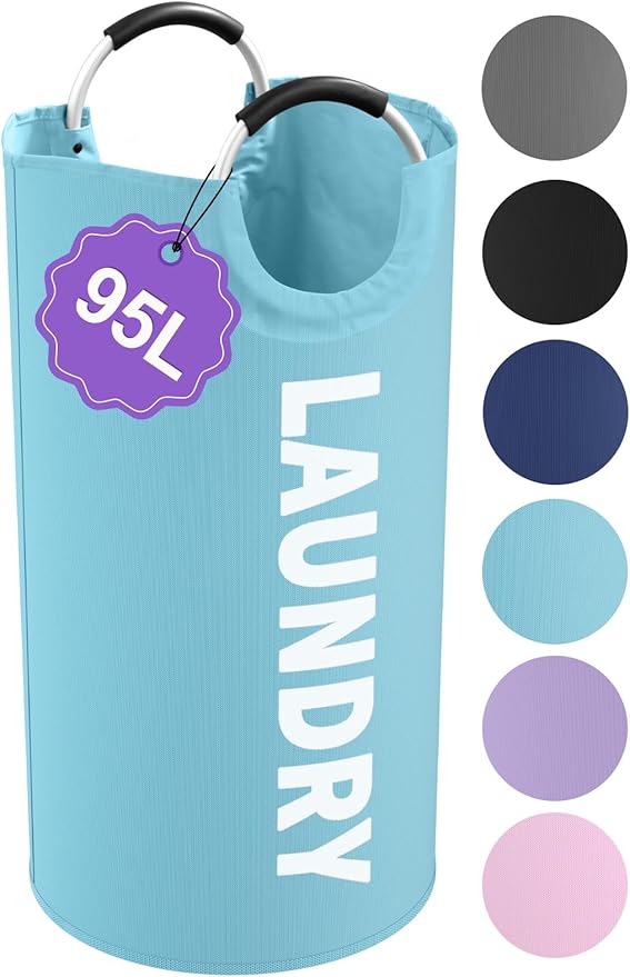 95L Foldable Blue Laundry Basket with Handles, Big Clothes Hamper for Bedroom, Dirty Clothes Basket Stand Upright, Portable Laundry Bag for Dorm, Nursery, Family, Blue by IHOMAGIC