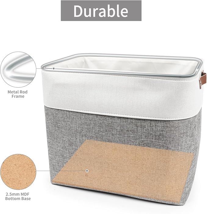 Large Fabric Storage Baskets | 50L Storage Bins, Decorative Linen Closet Baskets with Handles for Organizing, Shelf, Toys, Clothes, Home, Office, Nursery, 17x12x15Inches (Grey&White) - Image 4