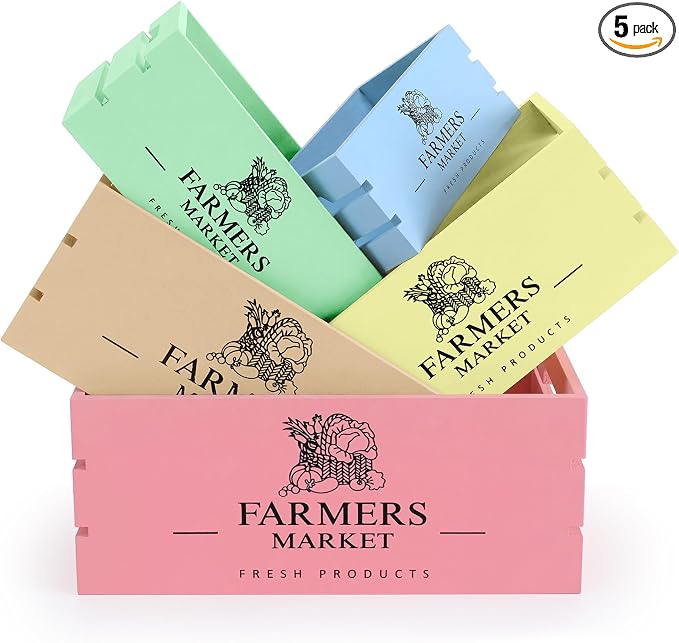 Barydat Set of 5 Wood Crates for Display Decorative Nesting Wooden Crate Storage with Handles Vintage Farmhouse Style Decorative Boxes Multipurpose Fruits Vegetables Boxes (Pastel,Elegant) by home