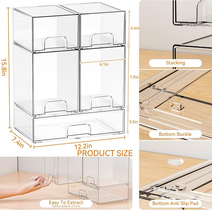 5 Set Clear Baby Bottle Organizer for Countertop,BPA FREE Bottle Station Organizer for Breast Pump Parts,Pacifier and Baby Accessories,Stackable Drawers for Bathroom,Cabinet,Pantry Organization - Image 3