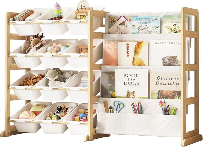 EXPERLAM Toy Storage Organizer with Bookshelf, Kids Toy Organizer and Storage Shelf with 12 White Bins, Solid Pine Wood Book Rack for Playroom, Nursery, Kids Room, Toys and Books by EXPERLAM