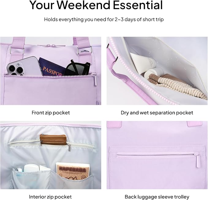 Travel Duffle Bag for Women, 40L Weekender Bags Airline Approved Carry On with Shoe Compartment & Waterproof Wet Pocket, Durable Nylon Weekender Overnight Bag for Travel, Gym, Business Trip, Purple - Image 5