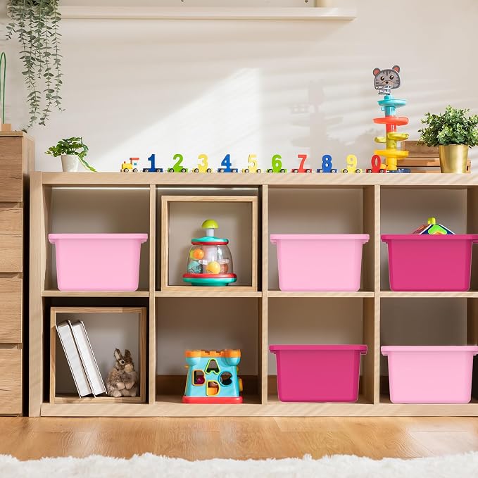 Zonon 12 Pcs Plastic Cubby Bins Office Storage Container Storage Bins Plastic Organization with 1 Pack Self Adhesive Label for Library Office Home Nursery(Pink/magenta) - Image 3