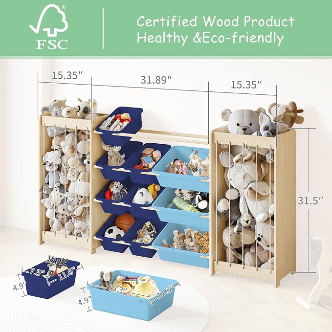 EXPERLAM Large Toy Storage Organizer, Wooden Stuffed Animal Storage & 12-Bins Toy Organizer, Double-Sided Plush Toy Holder Featuring Thicker Ropes, Space Save Bedroom Nursery Playroom Storage, Blue - Image 2