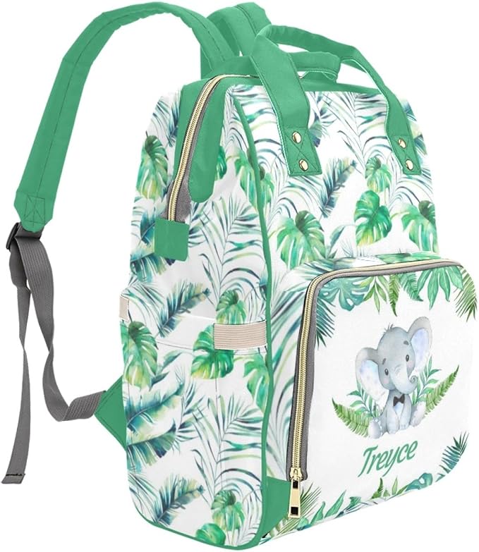 Custom Diaper Bag with Name Personalized Elephant Leaf Nylon Travel Backpack for Holiday Travel Customized Nappy Changing Bag with Pockets for New Mom - Image 3