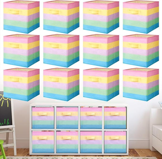 Yinder 12 Pcs Cube Storage Bin Rainbow Colorful 10.5''x10.5''x11'' Storage Bins for Playroom Decor Colorful Bins for Kids Foldable Baskets for Nursery Organizer Boxes Fabric Boxes by Yinder