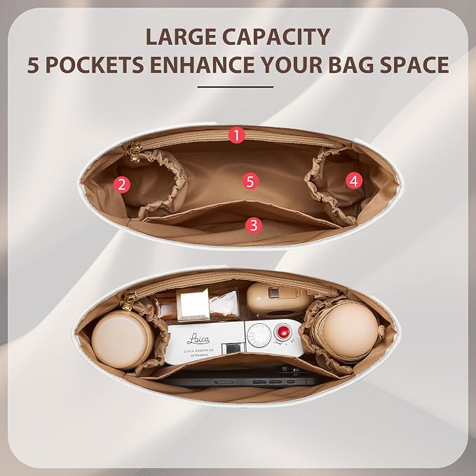 Brooklyn 28 Bag Insert, Purse Organizer Insert for Coach, White Maple | Waterproof Dupontpaper For Coach Brooklyn Shoulder Bag 28, Lightweight, 5 Compartments Zipper Pocket, Elastic Holders - Image 3