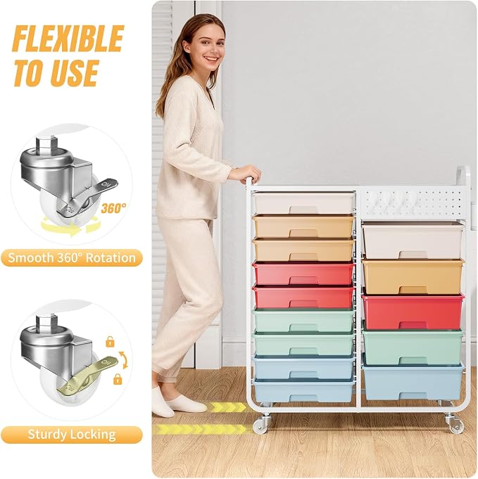 14 Drawer Rolling Storage Cart with Tabletop and Pegboard for Craft Color | Easy Setup, Large Capacity, Sturdy Build, Smooth Mobility, For classroom, office and dorm supplies - Image 5