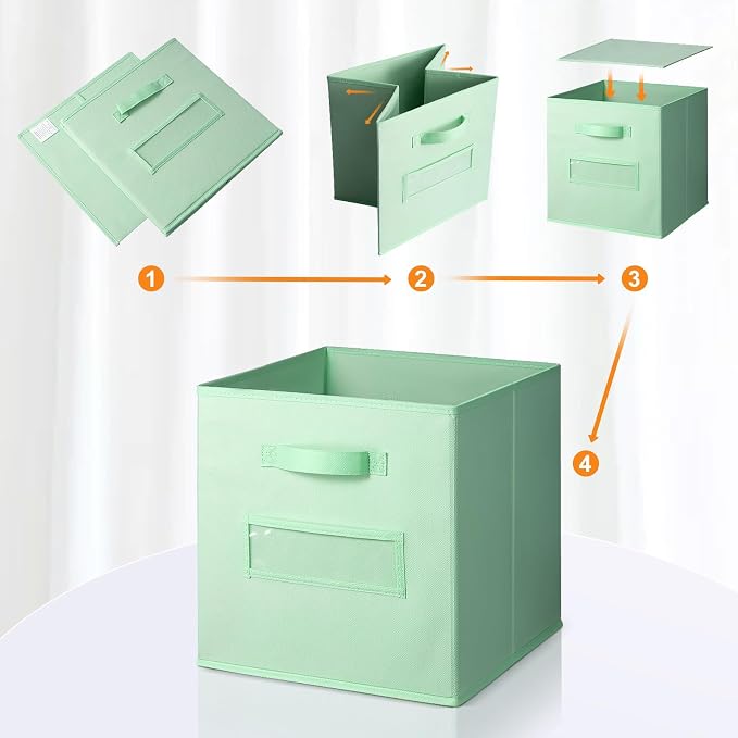 13x13x13 storage cube bins(Set of 8) Fabric storage cubes with 8 Labels Window Cards & a Pen, storage cubes 13x13, Collapsible 13 inch cube storage bins, Cubby Organizer Boxes, Grass Green - Image 4