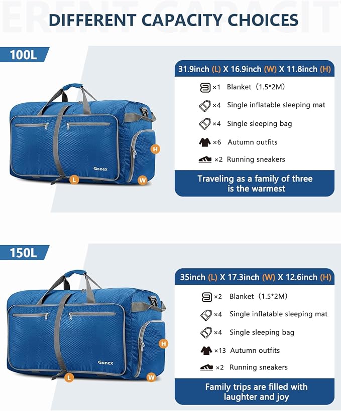 Gonex 100L Foldable Travel Duffle Bag with Shoe Compartment, Lightweight | 210D Nylon, Water-Repellent, Folds Compact, Multiple Pockets, Luggage Sleeve,Family Travel & Camping, Deep Blue - Image 4